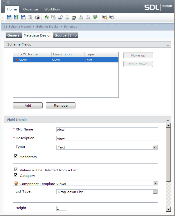 Metadata schema settings for DD4T Component Template